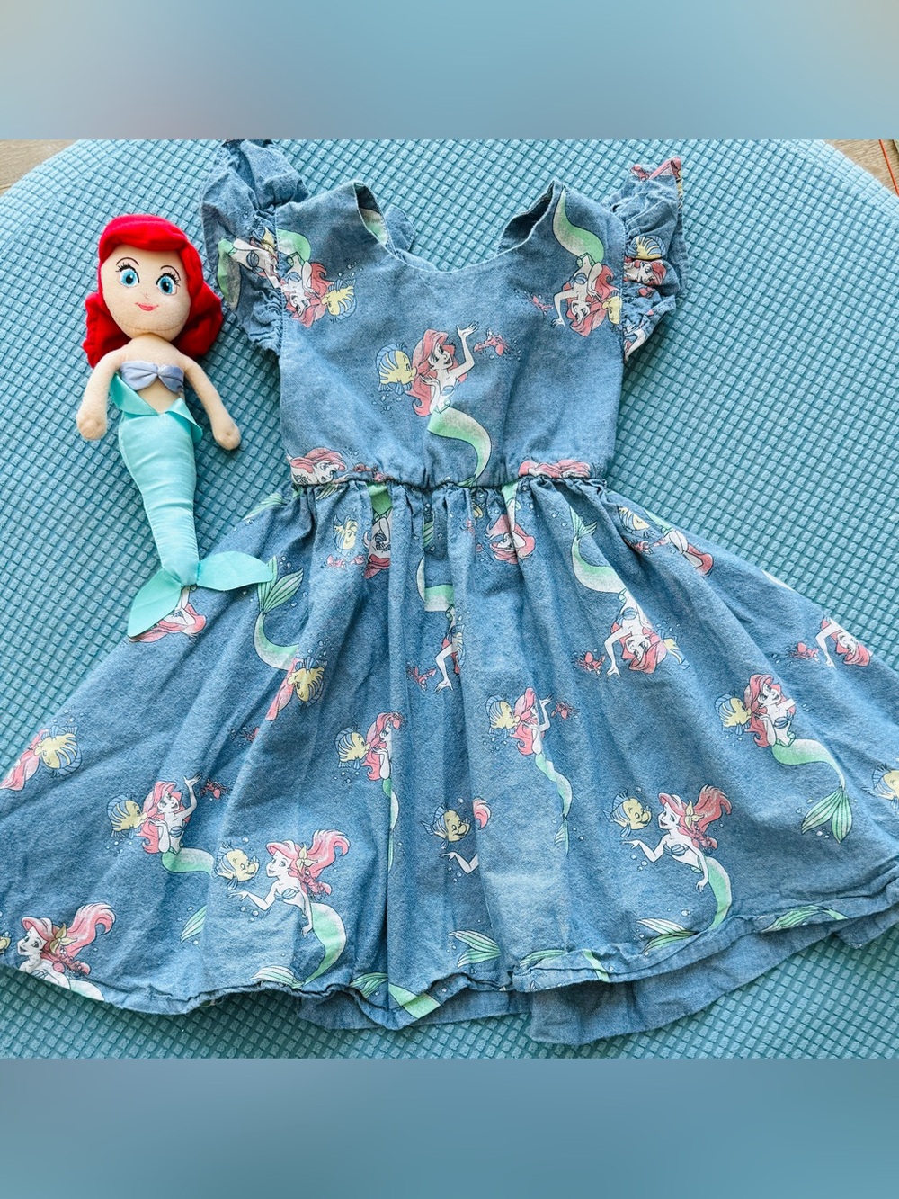 Disney Blue Ariel Mermaid Print Twirl Dress for Kids size 5T with plush.